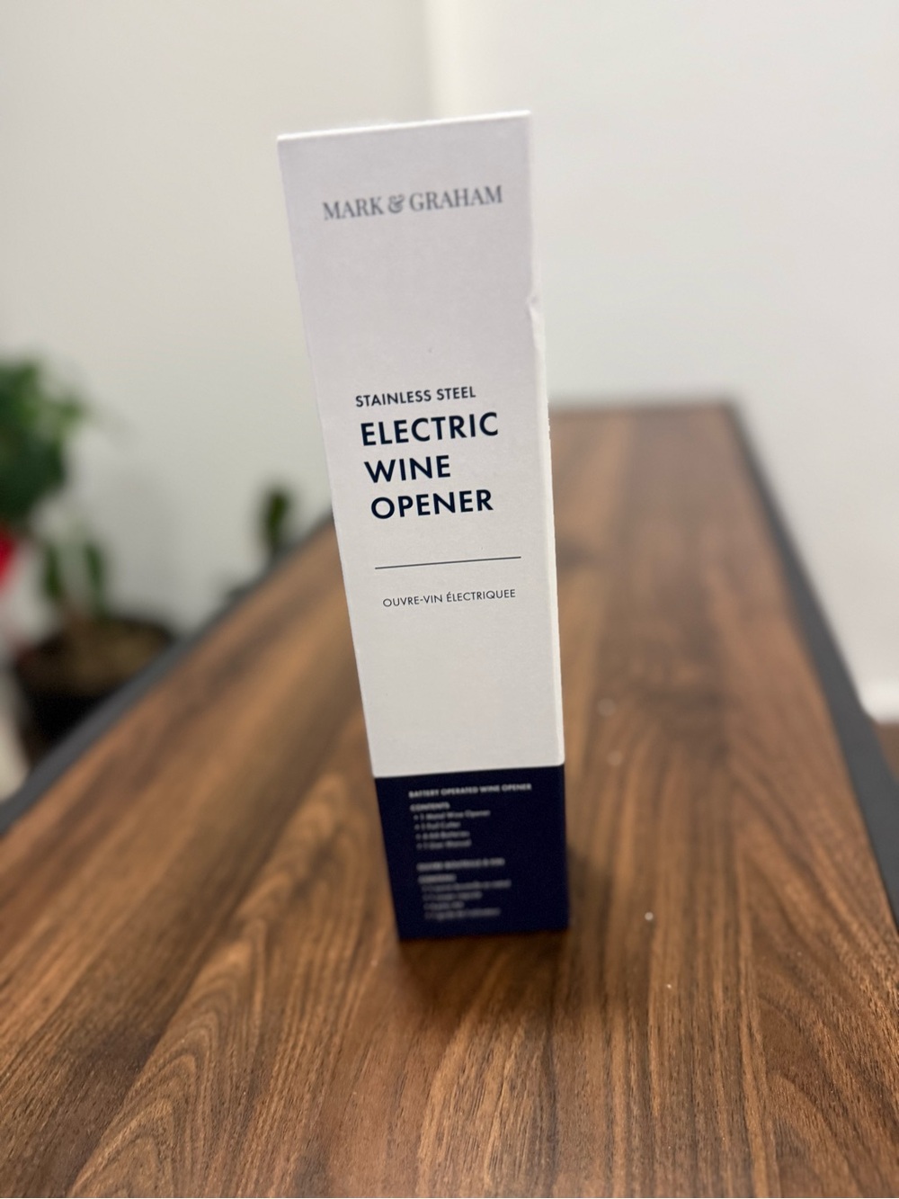 New In Box Mark & Graham White and Navy Stainless Steel Electric Wine Opener